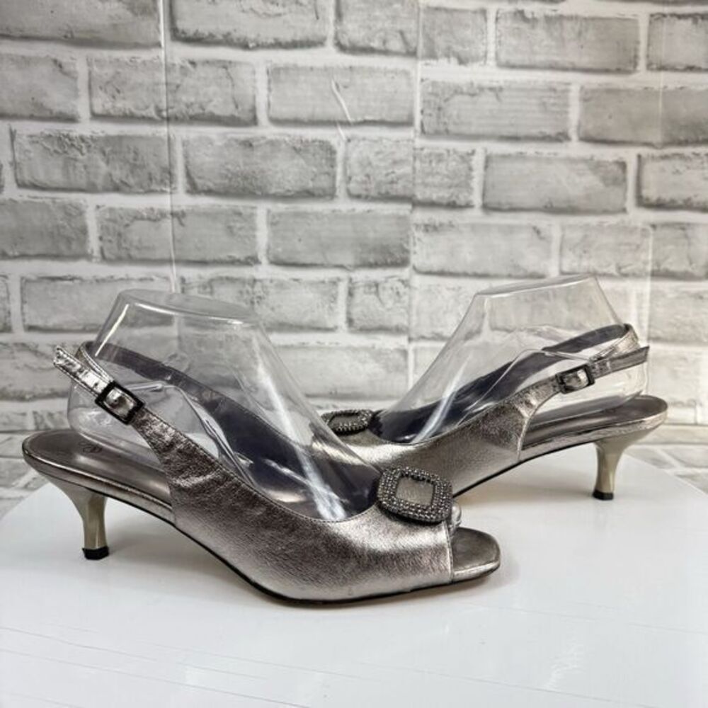 J. Renee Classic Women's 8 Silver Slingback Rhinestone Embellished Kitten Heels